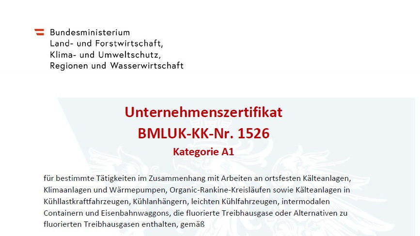 Unternehmenszertifikat Kategorie A1 gemäß F-Gase-Verordnung
